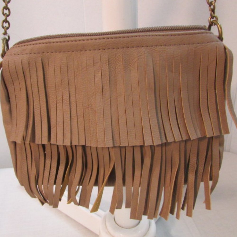 Tan Faux Leather Fringe Shoulder Bag